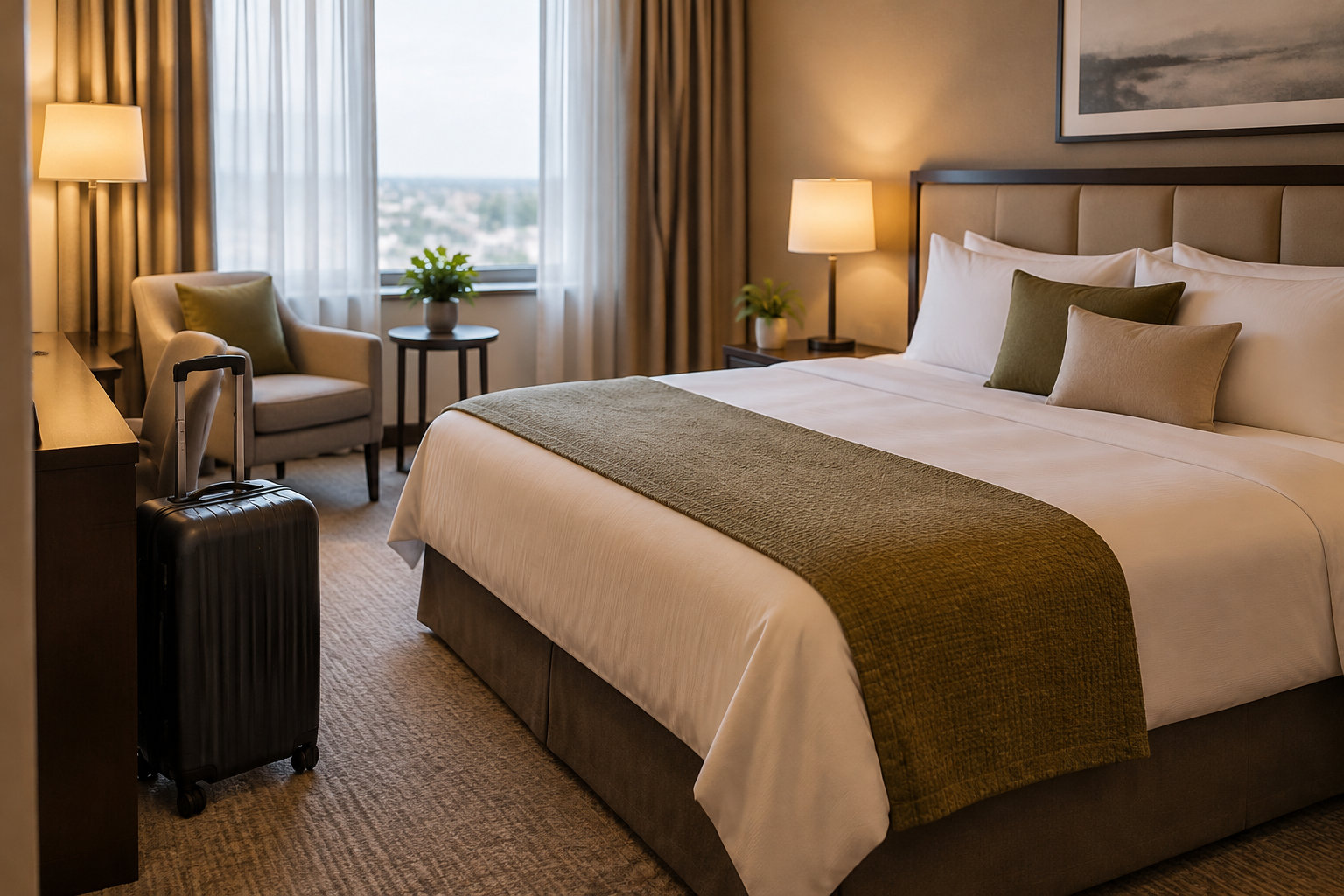 Remboursement vol annulé et circonstance exceptionnelle : vos droits 11 Une chambre d’hôtel avec un grand lit, une valise à roulettes, un fauteuil, des tables de chevet et une fenêtre donnant sur l’extérieur.