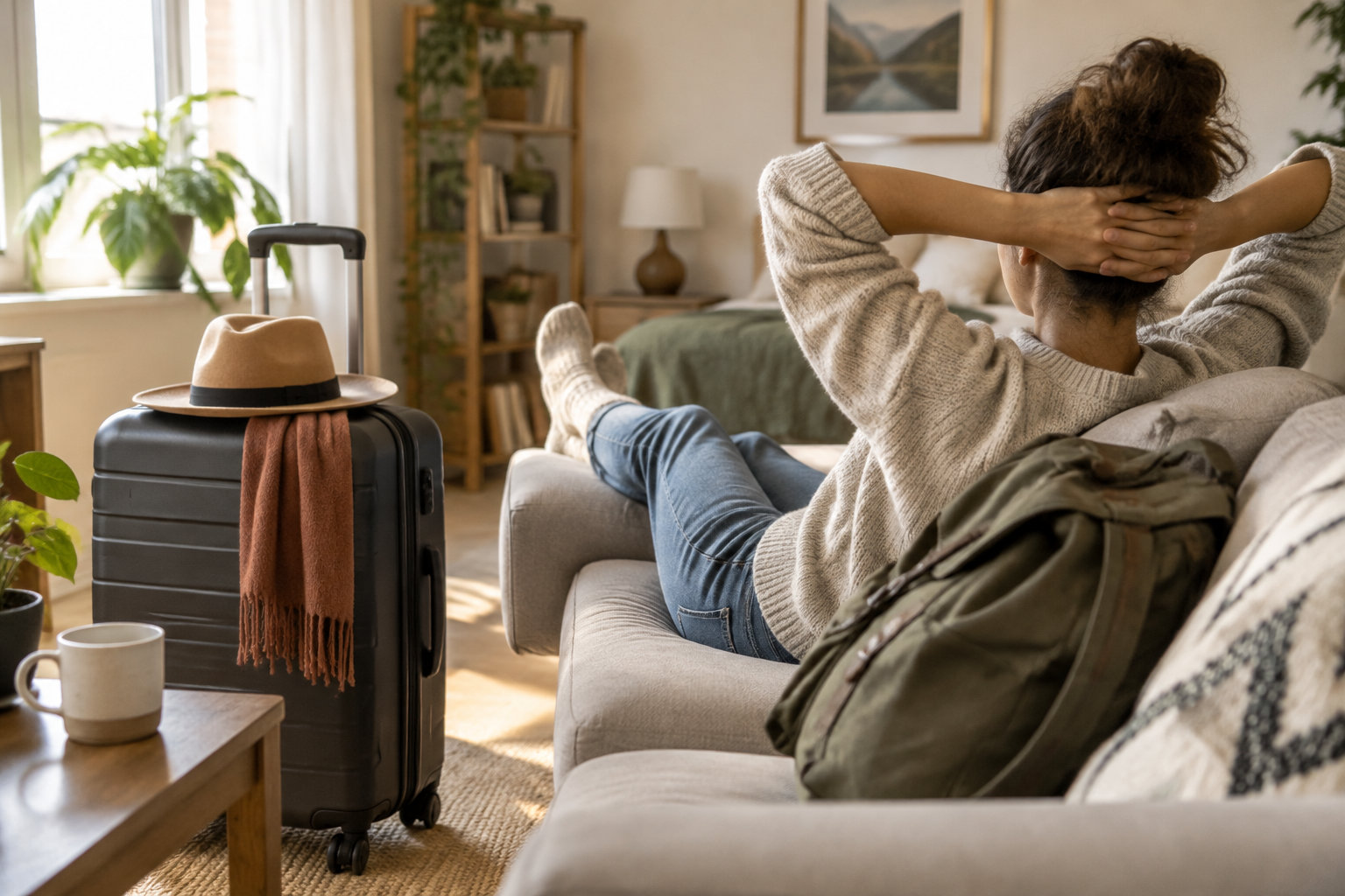 Assurance annulation vol par carte bancaire : les conditions 20 Une personne est assise sur un canapé, les mains derrière la tête, près d’une valise surmontée d’un chapeau et d’une écharpe.