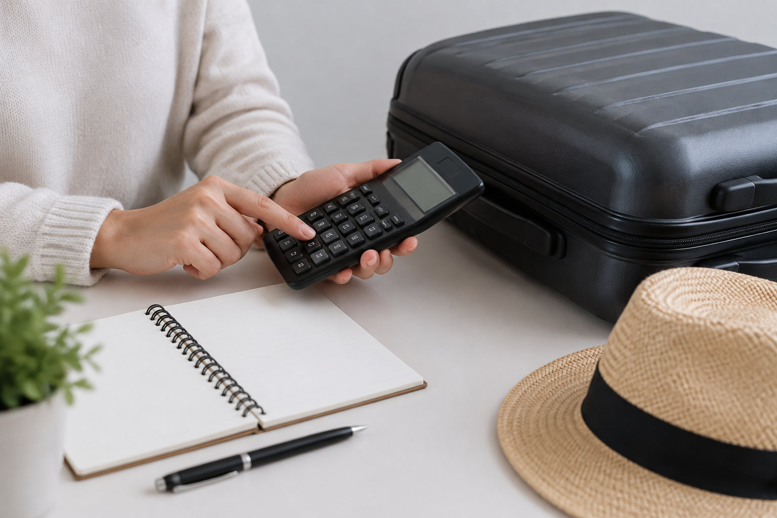 Assurance annulation vol par carte bancaire : les conditions 21 Une personne utilise une calculatrice à côté d’une valise, d’un carnet ouvert et d’un chapeau de paille.