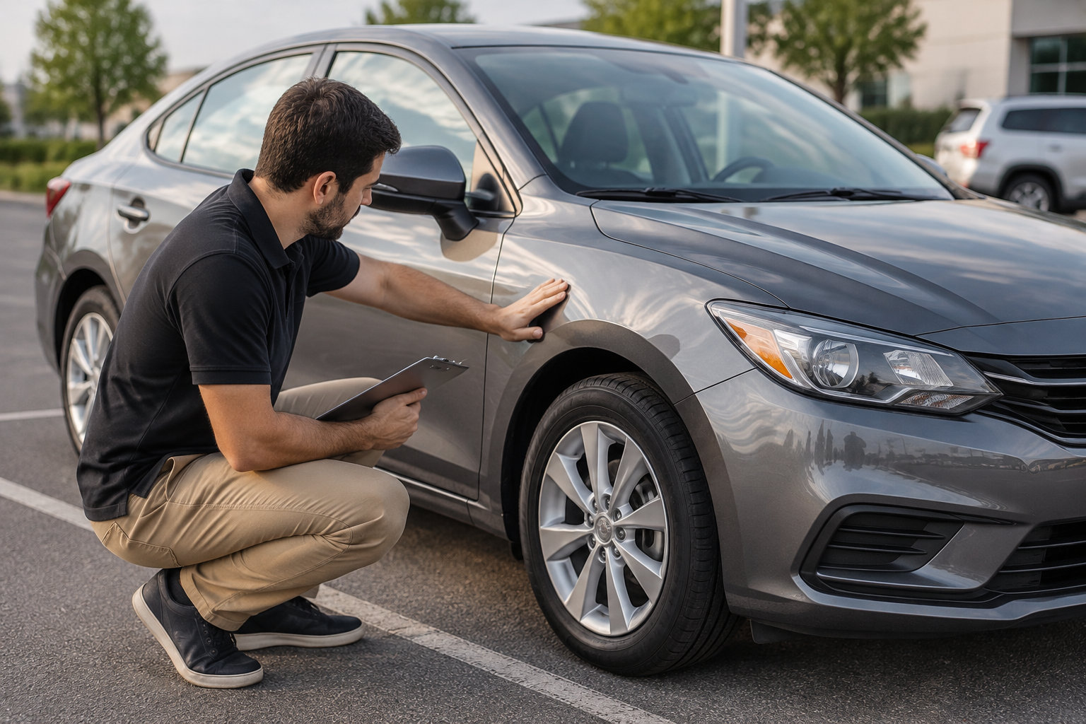 Un homme accroupi examine la carrosserie d’une voiture grise en tenant un porte-bloc sur un parking.