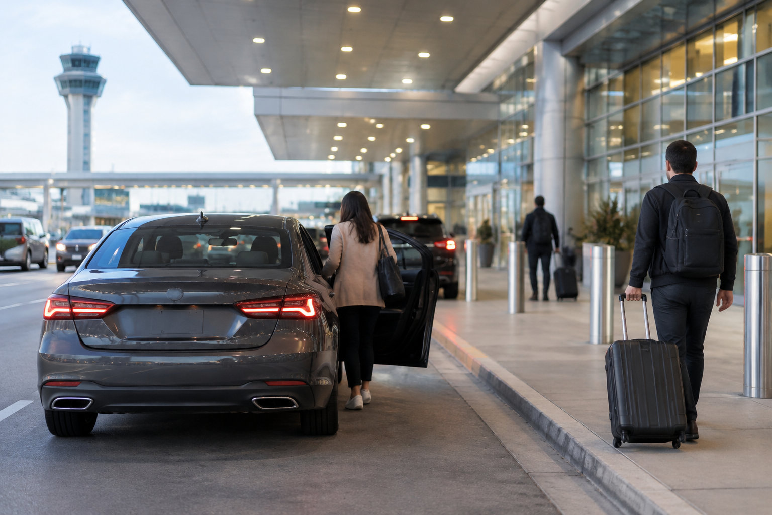 À l’entrée vitrée d’un aéroport, une femme monte dans une voiture tandis qu’un homme tire une valise à roulettes.
