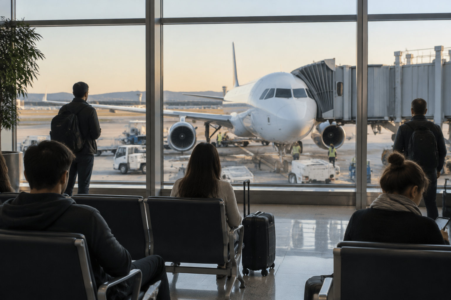 Assurance annulation vol par carte bancaire : les conditions 22 Des voyageurs attendent dans une salle d’embarquement vitrée, face à un avion relié à une passerelle.