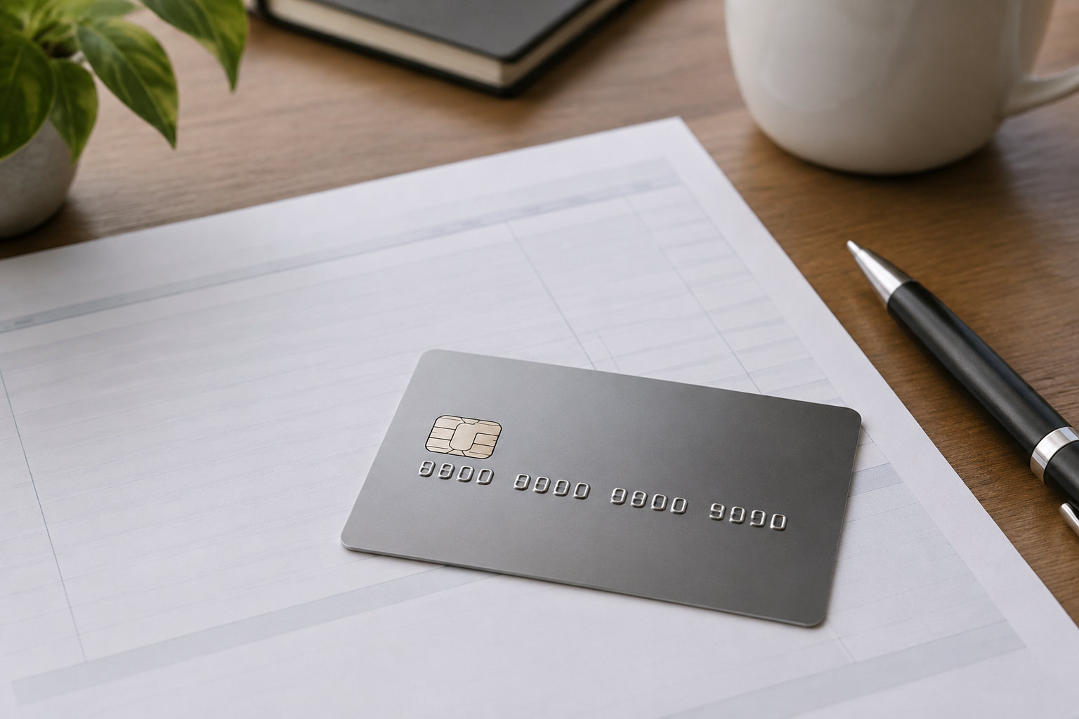 Une carte bancaire grise repose sur une feuille quadrillée, à côté d’un stylo, d’une tasse et d’une plante.