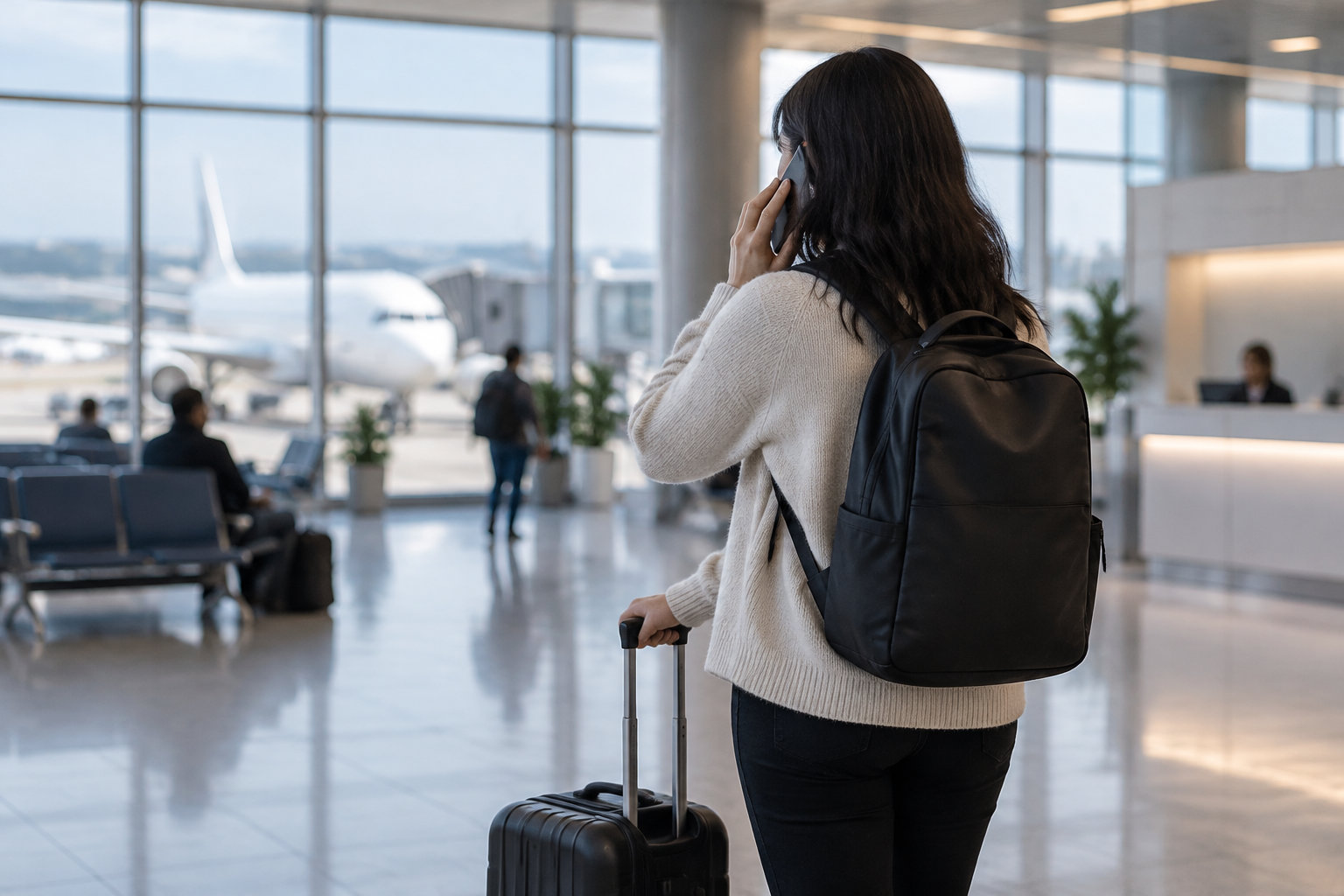 Assurance annulation vol par carte bancaire : les conditions 23 Une voyageuse, avec un sac à dos et une valise à roulettes, téléphone à l’oreille dans un hall d’aéroport où des passagers attendent près des fenêtres donnant sur un avion.