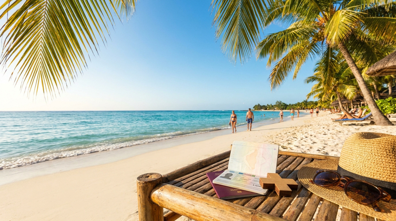 Home 28 Passeport, chapeau et lunettes sur un transat avec une plage tropicale en arrière-plan.