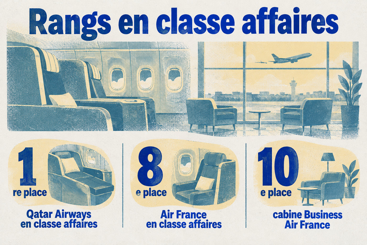 Air France vs Qatar Airways : quelle classe affaire choisir en 2026 ? 11 En classe affaires, Qatar Airways est première et Air France huitième ; la cabine Business Air France se classe dixième.