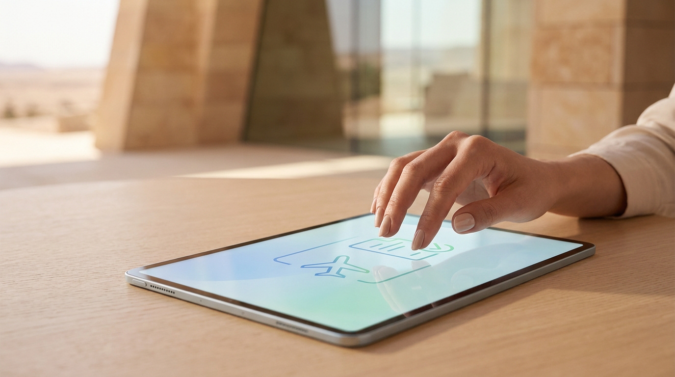 Main utilisant une tablette pour valider une demande de visa en ligne avec une icône d'avion et de document.
