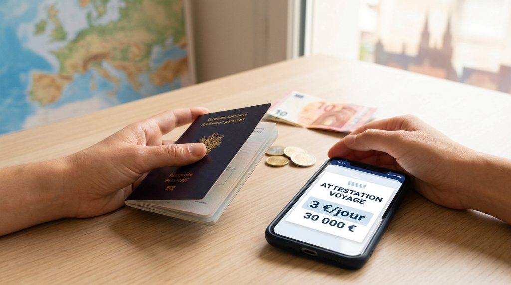 Mains tenant un passeport et un smartphone affichant le coût d'une attestation d'assurance voyage pour un visa Schengen.