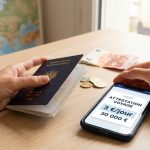 Home 42 Mains tenant un passeport et un smartphone affichant le coût d'une attestation d'assurance voyage pour un visa Schengen.