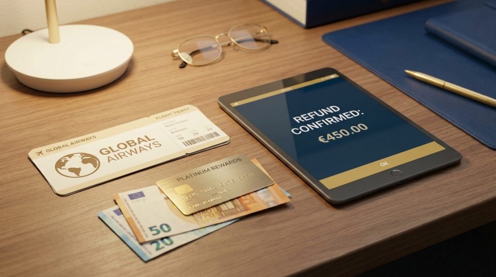 Tablette affichant un remboursement de 450€, posée sur un bureau avec un billet d'avion, une carte bancaire et des billets.