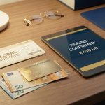Home 30 Tablette affichant un remboursement de 450€, posée sur un bureau avec un billet d'avion, une carte bancaire et des billets.