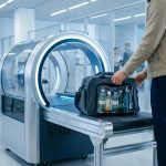 Un passager dépose son sac contenant des bouteilles dans un scanner 3D moderne à l'aéroport.