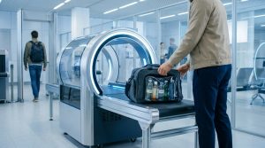 Home 50 Un passager dépose son sac contenant des bouteilles dans un scanner 3D moderne à l'aéroport.