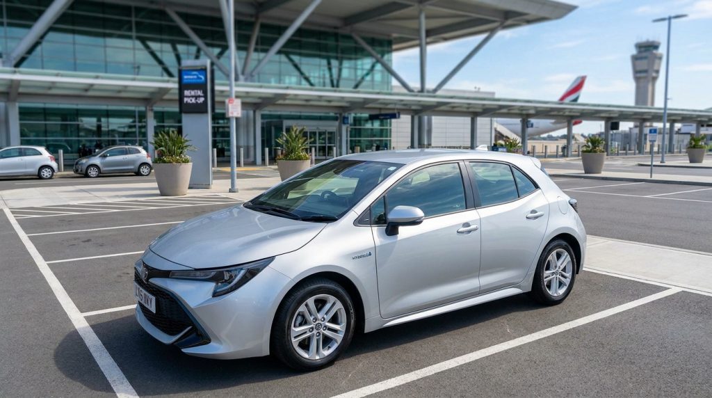 Une voiture hybride grise garée devant le terminal d'un aéroport avec une zone de récupération de location.