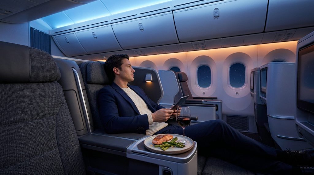 Un passager détendu en Premium Economy, dînant et utilisant une tablette devant les hublots d'un avion.