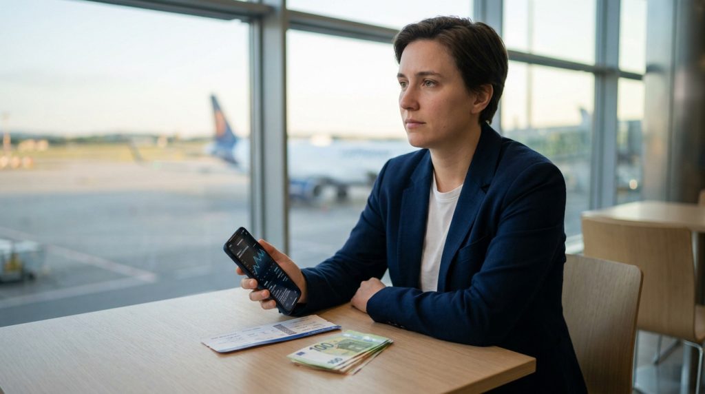 Une femme d'affaires assise dans un aéroport, regardant par la fenêtre avec un téléphone, un billet d'avion et des euros.