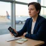 Une femme d'affaires assise dans un aéroport, regardant par la fenêtre avec un téléphone, un billet d'avion et des euros.