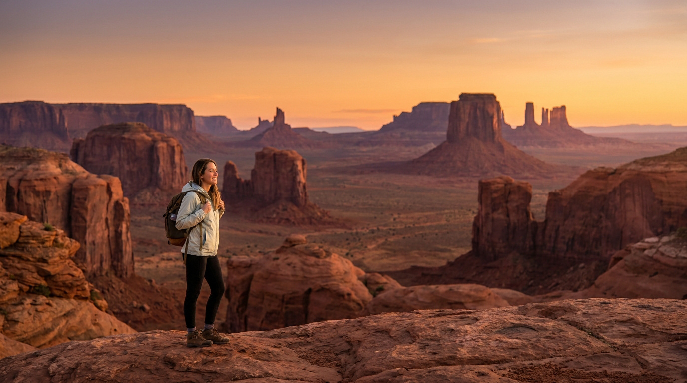 Home 28 Une randonneuse avec un sac à dos admire le coucher de soleil sur les paysages désertiques de Monument Valley.